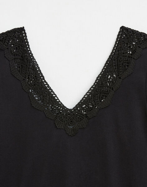 Tee-shirt noir finition dentelle coton bio ANTHEE BLACK-EL / PTXW2611NAP090