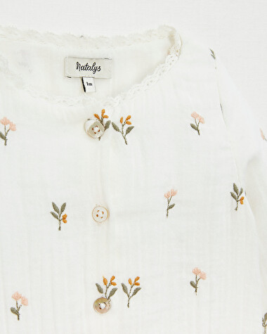 Combinaison longue en gaze de coton Brod&eacute;e fleurs  Natalys