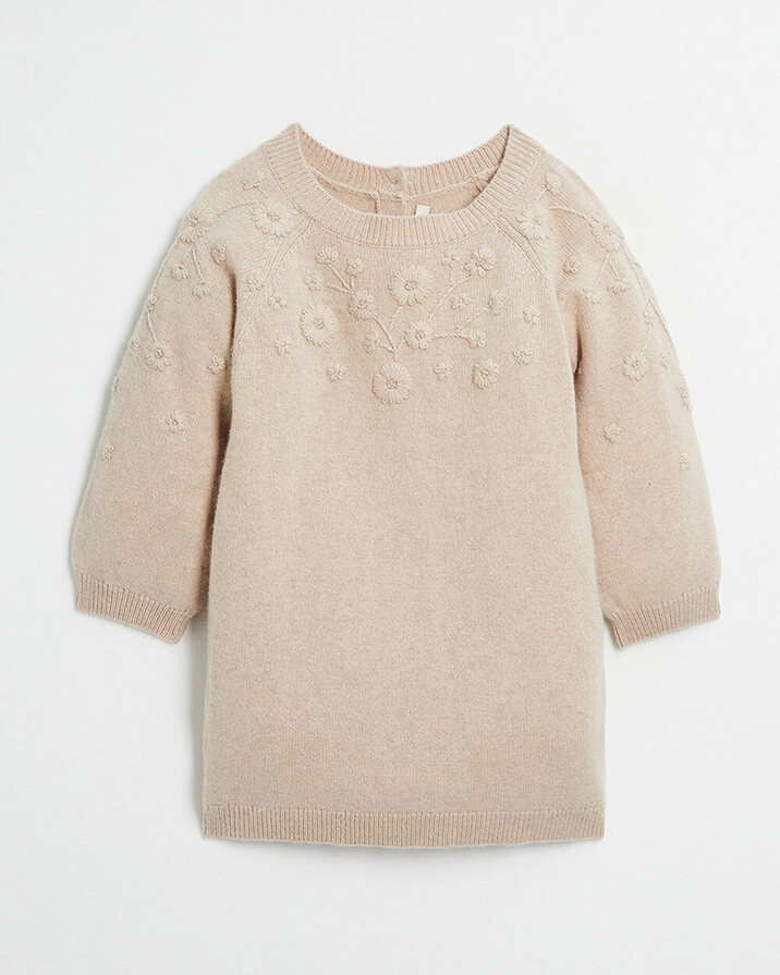 Robe enfant en laine M&eacute;rinos brod&eacute;e Coloris beige chin&eacute;  Natalys