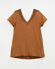 Tee-shirt camel finition dentelle En coton bio  Natalys