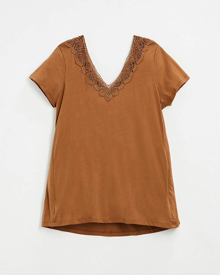 Tee-shirt camel finition dentelle En coton bio  Natalys