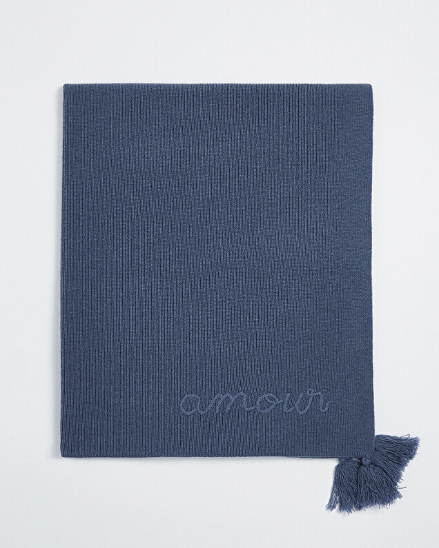 Couverture brodée en laine mérinos Coloris bleu Natalys