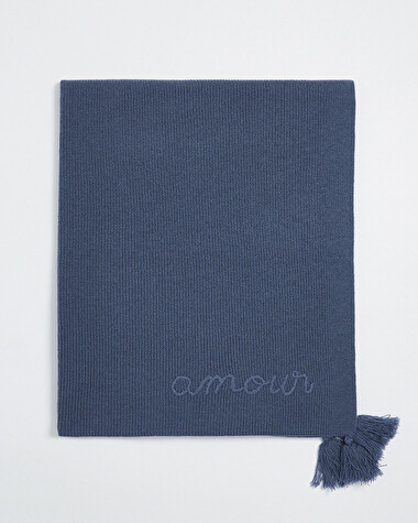 Couverture brod&eacute;e en laine m&eacute;rinos Coloris bleu  Natalys