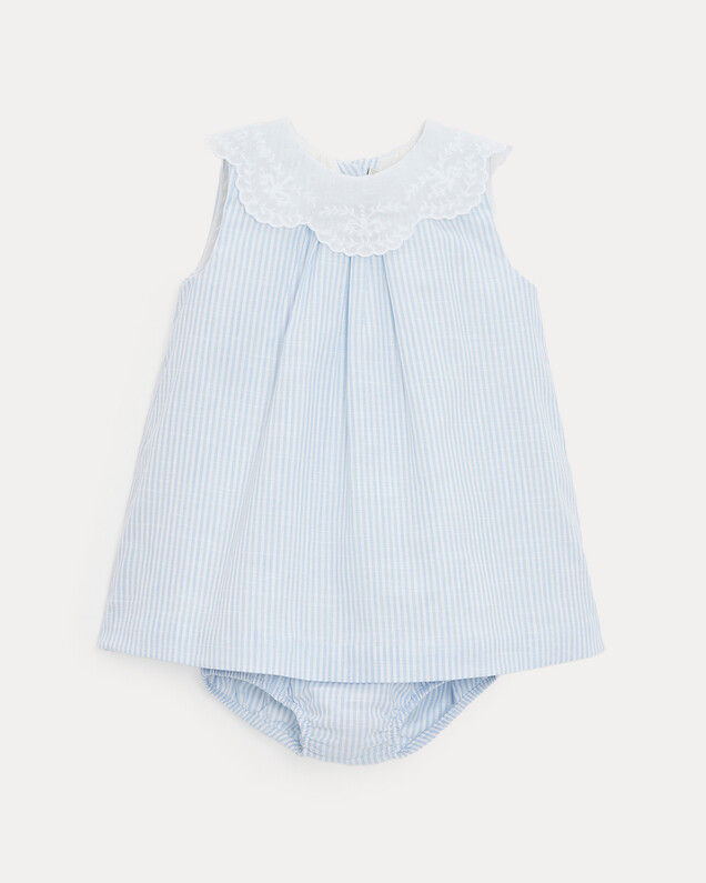 Robe à col brodé Capucine Imprimé rayures ciel Natalys